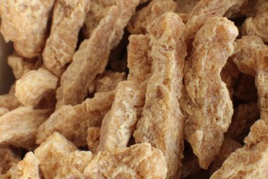 Yarı bitmiş kuru soya et vejetaryenler gıda birçok parça Sığır straganof için Vegan makro fotoğraf fasulye ürün