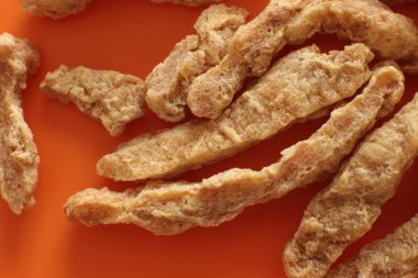 Yarı bitmiş kuru soya et vejetaryenler gıda birçok parça Sığır straganof için Vegan makro fotoğraf fasulye ürün