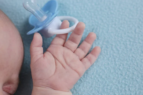 Infant Two Months Old Blue Clothes Macro Photo Face Emotions — Stock Photo, Image