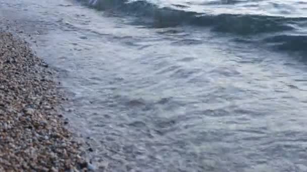 Побережье Мелкой Галькой Прозрачными Волнами Воды — стоковое видео