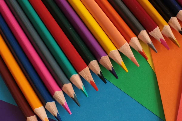 Macro Ver Conjunto Lápices Colores Para Creatividad Fondo Hojas Papel — Foto de Stock