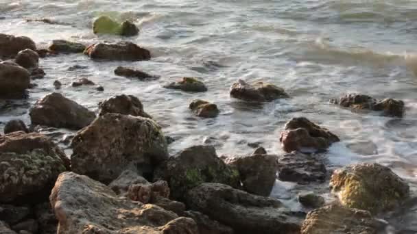 Морська Бухта Великі Камені Хвилі Захід Сонця Невеликий Вітер — стокове відео