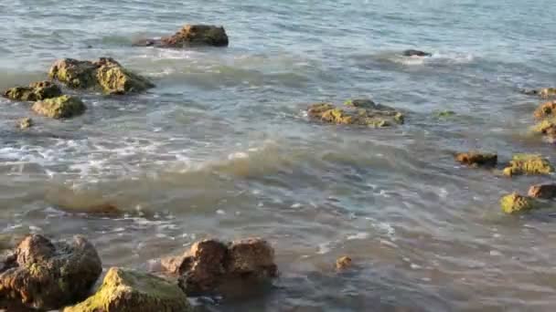 Bahía Mar Grandes Piedras Olas Puesta Sol Pequeña Brisa — Vídeos de Stock