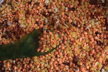 Kırmızı mercimek ve yeşil bir kaşık, makro görünümü, çocuklar, yetişkinler ve vejetaryen için lezzetli sebze ve sağlıklı gıda üzerinde küçük makarna İtalyan kuru çorbası