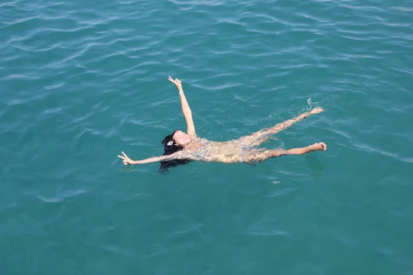 Marmaris Turkey September 2019 Girl Happy Sweetheart Swims Sea Long — Stock Photo, Image