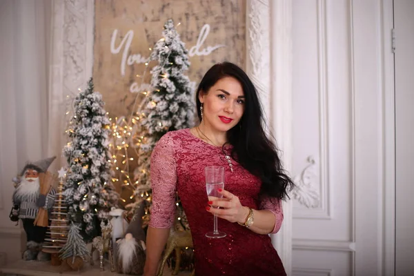 Lonely Girl Celebrates Happy New Year Loving Brunette Woman Merry — Stock Photo, Image