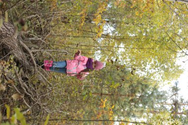 Ormanda sonbahar yürüyüşü yapan bir kız.