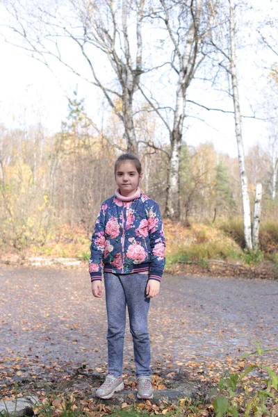 Mädchen Beim Herbstspaziergang Wald — Stockfoto