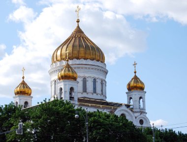 Kurtarıcı İsa Katedrali'nin altın kubbeleri, ağaçların yeşil yapraklarıyla doludur. Moskova. Rusya