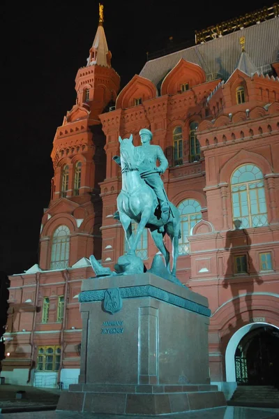 Monument Zhukov Devant Musée Historique Sur Place Rouge Nuit — Photo