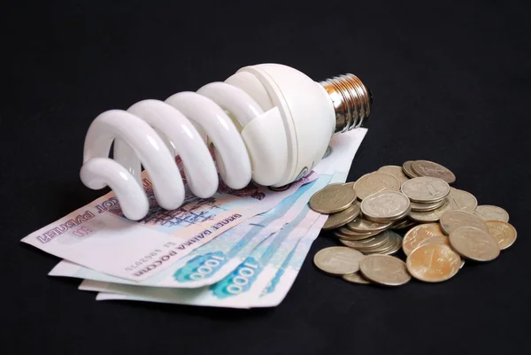 Energy-saving light bulb and money. The cost of Finance.