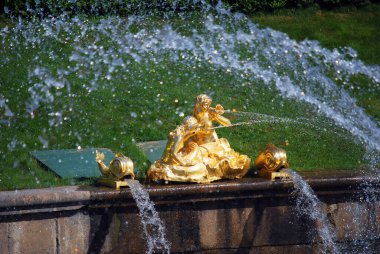 Peterhof Kasabası. - Rusya. 8 Haziran 2013. Peterhof Müzesi rezervinin cazibesi. Ana çeşmenin heykelleri 
