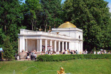 Peterhof Kasabası. - Rusya. 8 Haziran 2013 Peterhof Müzesi rezervinin kırsal kesimleri. Voroninskie sütunları Büyük Deniz Kanalı yakınlarında..