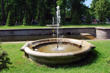 Peterhof Kasabası. - Rusya. 8 Haziran 2013 Peterhof Müzesi rezervleri. Saraydan başlayıp Neva Körfezi 'ne akan 