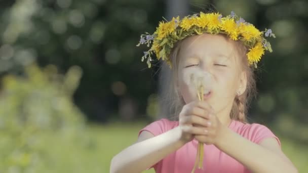 Ritratto di una ragazzina divertente nel bosco. Un bambino senza denti anteriori soffia su denti di leone asciutti e ride, una corona di fiori sulla sua testa — Video Stock