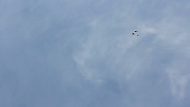 Man uiterst daalt af met een parachute in de grond. Parachute vlucht — Stockvideo
