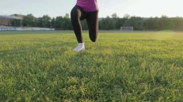 Hermosa chica de fitness entrena en el estadio. Un joven atleta se dedica a bucles en el campo en el gol de fútbol — Vídeos de Stock