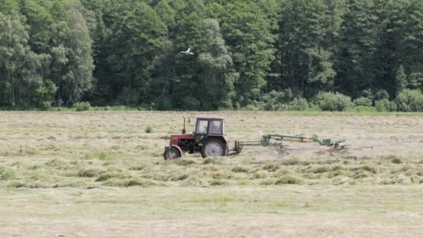 Le tracteur tourne le râteau à foin mécanique — Video