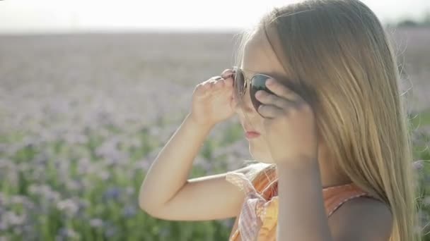 Дівчина намагається на сонцезахисних окулярах — стокове відео