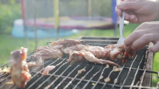 Het meisje voert de vleugels van de grill met een vork in de plaat — Stockvideo