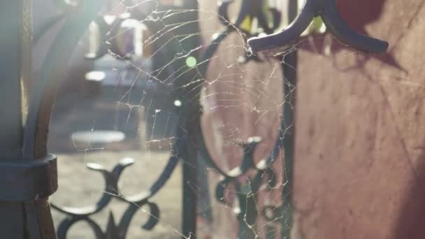 Tela bianca tesa tra le sbarre del vecchio recinto metallico, nel cortile della luce del tramonto — Video Stock