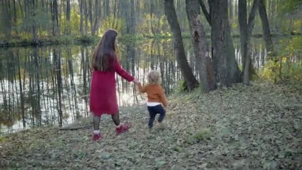 母子穿着时髦的衣服走在秋林里, 靠近湖面, 在湖里可以看到树木的倒影 — 图库视频影像
