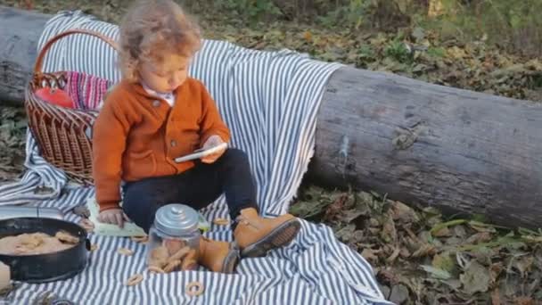 Kis, aranyos baba játék-val a telefon a pikniken — Stock videók