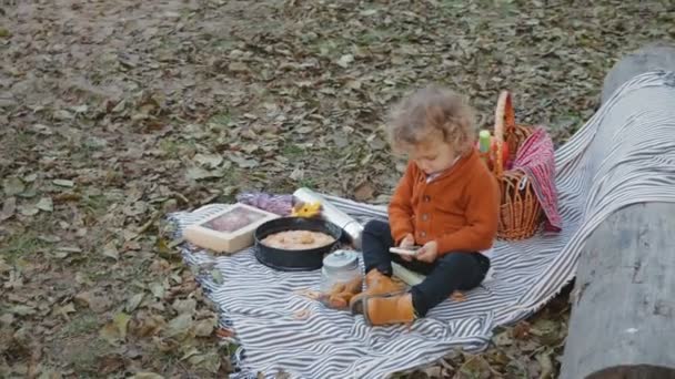 Маленький, милый ребенок играет с телефоном на пикнике — стоковое видео