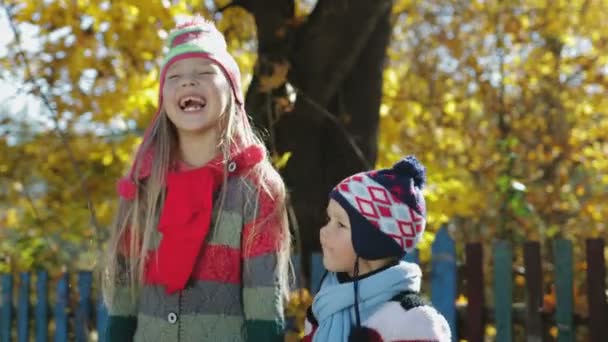 Happy autumn children in the forest Park — Stock Video