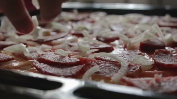 Τόξο πέφτει πάνω από την πίτσα, σαλάμι. Η έννοια της πίτσας — Αρχείο Βίντεο