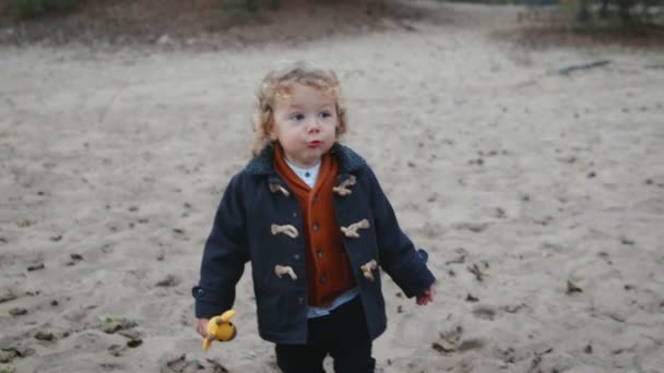 Portret piękny, mały chłopiec w parku — Wideo stockowe
