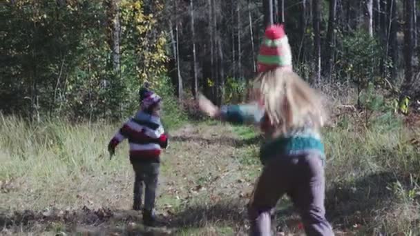 Kleine Kinder rennen im Herbst auf einer Lichtung im Wald — Stockvideo