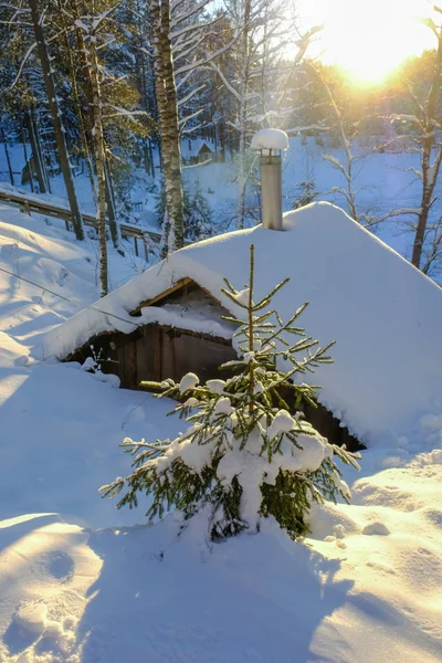 Dak Van Het Kleine Houten Huis Bedekt Met Sneeuw — Stockfoto