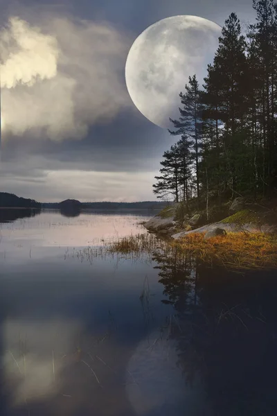 Paisagem Natural Com Rio Floresta Sobre Fundo Céu Nublado — Fotografia de Stock