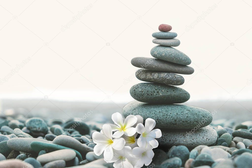 Frangipani flowers and stack of zen stones on sunset background 