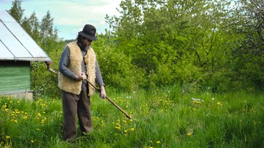 Yetişkin sakallı bir adam, çim biçme makinesiyle bir yaz köyünün çayırındaki evinde çim biçiyor.