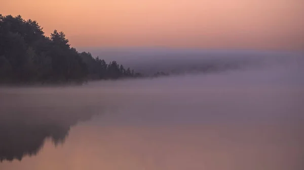 Alba Rosa Con Fitta Nebbia Lago Foresta — Foto Stock