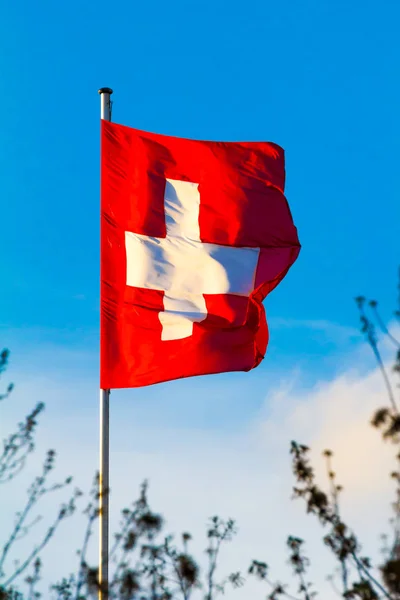Ελβετική Συνομοσπονδία Ελβετία Εθνική Σημαία Κυματίζει Φόντο Μπλε Του Ουρανού — Φωτογραφία Αρχείου