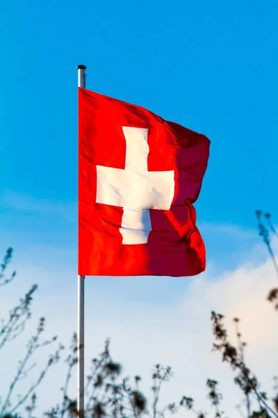 Confédération Suisse Drapeau National Suisse Agitant Sur Fond Bleu Ciel — Photo