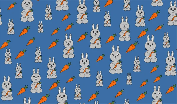 蓝色背景上的无缝兔和胡萝卜图案。动物身上多彩的无缝图案.装饰可爱的墙纸，适合印刷. 图库照片
