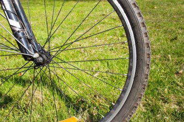 Çimlerin üzerinde bisiklet tekerleği