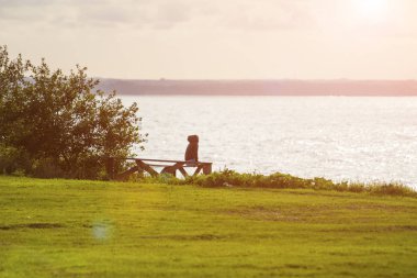 kız bir bankta oturur ve tonda denizde görünüyor