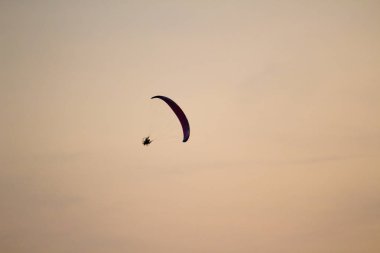 Adam bir yamaçparaşütü deniz ve plaj üzerinde uçuyor