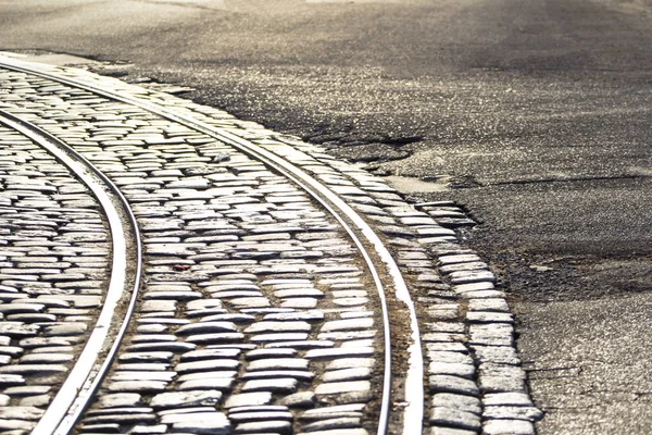 Tram Rails Paving Stones Middle Road — Stock Photo, Image