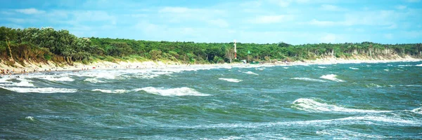 Playa Mar Con Olas Bajo Cielo Soleado Panorama Tonificado — Foto de Stock