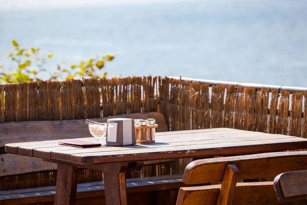 Wooden Restaurant Table Sea — Stock Photo, Image