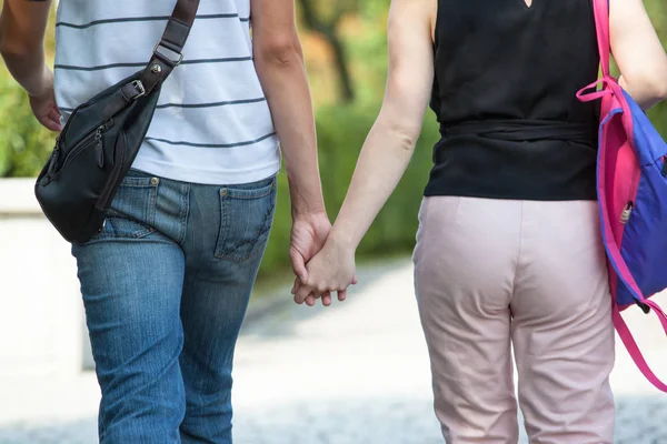 Guy Girl Walking Street Holding His Hand Back View — Stock Photo, Image