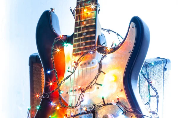 Electric Guitar Amplifier Bright Colors Festive Lights Garland — Stock Photo, Image