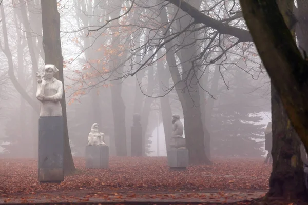 Monumenten Het Park Dikke Zware Mist — Stockfoto