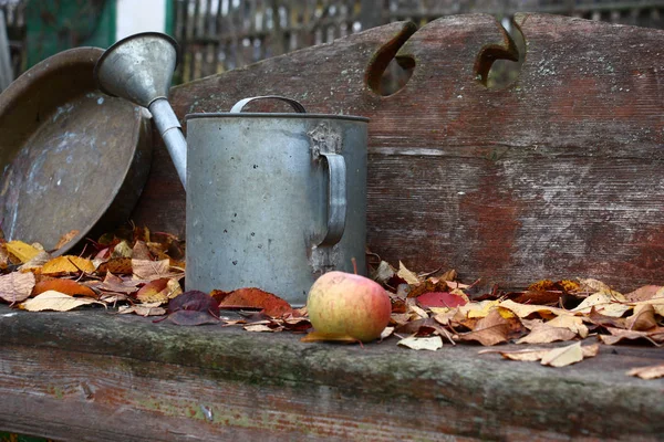 Einem Garten Auf Einer Alten Holzbank Steht Eine Blechgießkanne Buntes — Stockfoto